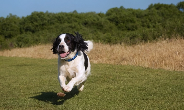 A) Un perro del Spaniel Francés en movimiento, como corriendo o jugando, para capturar su carácter amigable y elegante B) Una característica única de este raro perro, tal vez con un collar elaborado o una pieza de equipo específica C) Un fondo neutro y simple, como un cielo azul o un jardín, para resaltar el enfoque en el perro y su majestuosa apariencia D) Una fuente legible y adecuada para el tamaño del artículo, con una visibilidad adecuada de la información adicional disponible en el sitio web