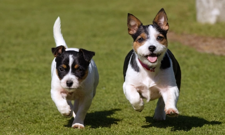 1) Un hermoso perro terrier japonés en movimiento, posiblemente jugando o explorando su entorno; 2) Colores brillantes y vivos, como el negro con manchas blancas o rosadas, para transmitir la personalidad y carisma del animal Para mantener el enfoque en las características únicas del terrier japonés, podrías incluir una tocha erguida con un fondo pintado a mano que evoca paisajes naturalistas