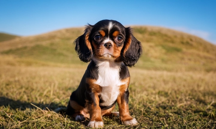 Aparente de un Toy Spaniel Inglés brillantemente amarrado a una percha, con la vista furtiva y el cielo azul La combinación del color naranja y marrón del perro contrasta con los tonos suaves del entorno natural y las sombras claras lo que resulta en un aspecto elegante y atípico El texto debajo de la imagen puede ser: Sigue descubriendo el encanto del Toy Spaniel Inglés! Características, rasgos y curiosidades